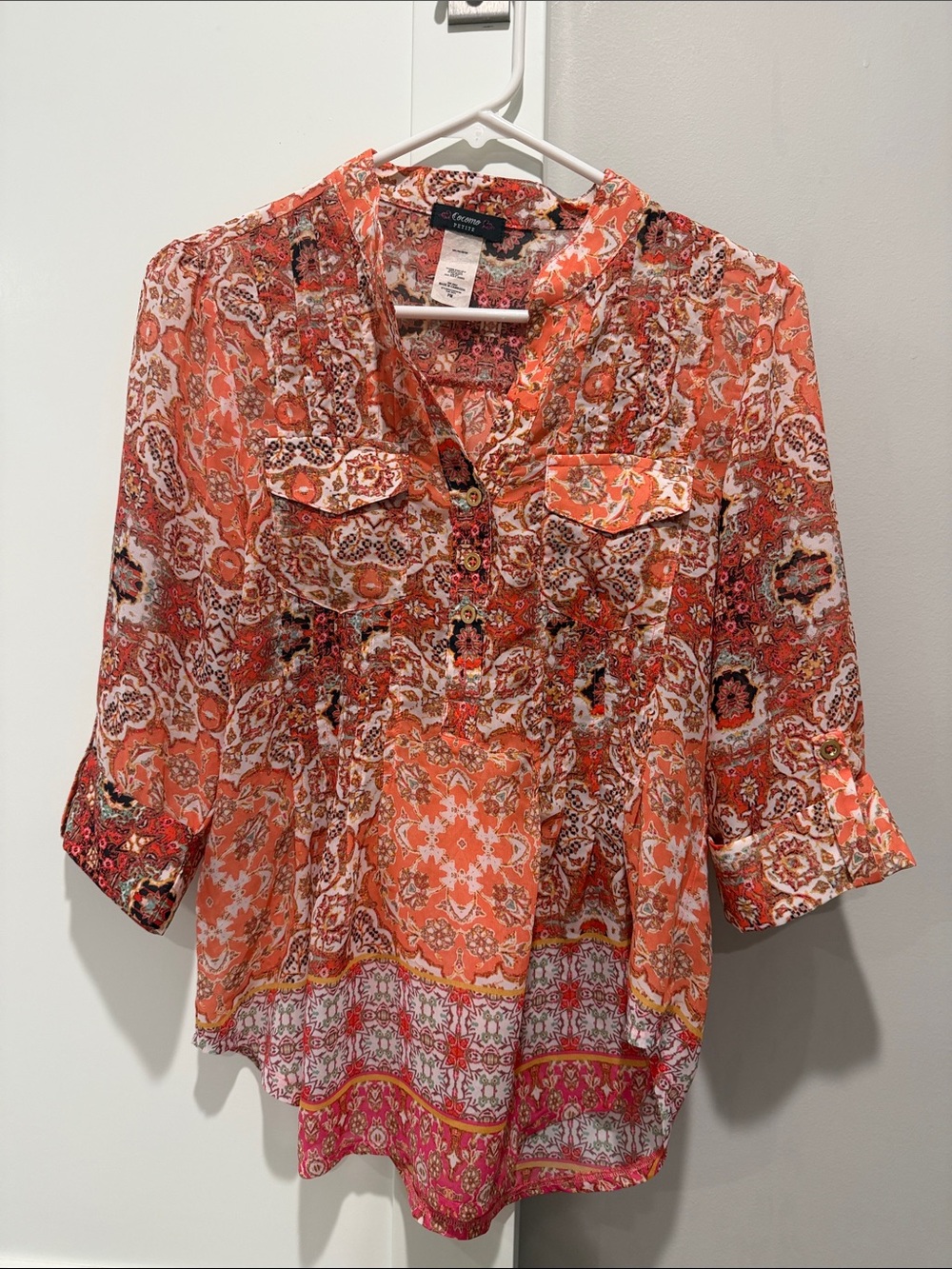 dressbarn Orange Paisley Button-Front Tunic Top